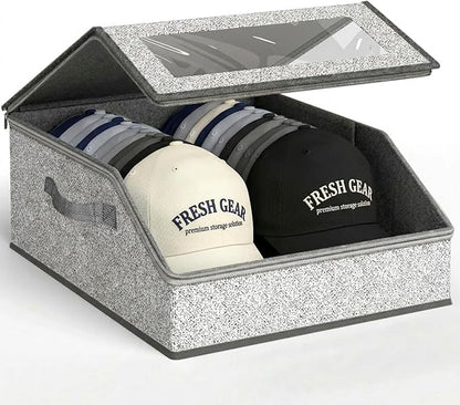 Hat Organizer for Baseball Caps Stackable Hat Storage Box with Clear Window holds up to 24 Caps Hat Storage for Closet Dustproof Foldable Closet Hat Organizer with Handles & Hollow Board Support