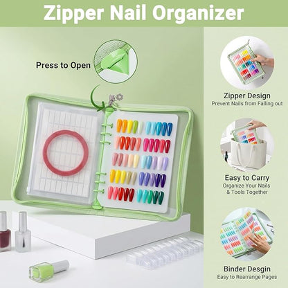 Segbeauty Nail Swatches Book with A5 Zipper Binder, Nail Polish Display Book with 240 Fake Nails, Adhesive Tape, Pocket Insert, Press on Nails Storage Organizer Case for Manicure Salon DIY, Green