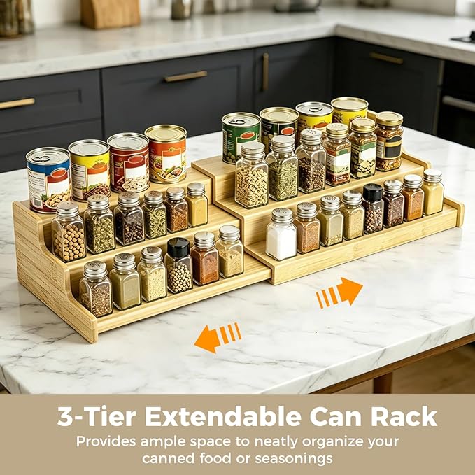 Expandable Bamboo Can Rack Organizer for Pantry, 3-Tier Adjustable Canned Food Storage Holder, Tiered Step Shelf holds up to 24 Cans for Kitchen Cabinet & Countertop