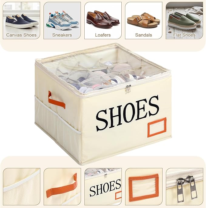 Amyhill Shoe Organizer for Closet Fits 16 Pairs Fabric Large Foldable Shoe Storage Box with Handles and Clear Cover Mesh Bags Printed SHOES Text for Closet Organizer Sneakers Heels Slippers