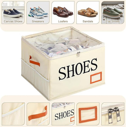 Amyhill Shoe Organizer for Closet Fits 16 Pairs Fabric Large Foldable Shoe Storage Box with Handles and Clear Cover Mesh Bags Printed SHOES Text for Closet Organizer Sneakers Heels Slippers