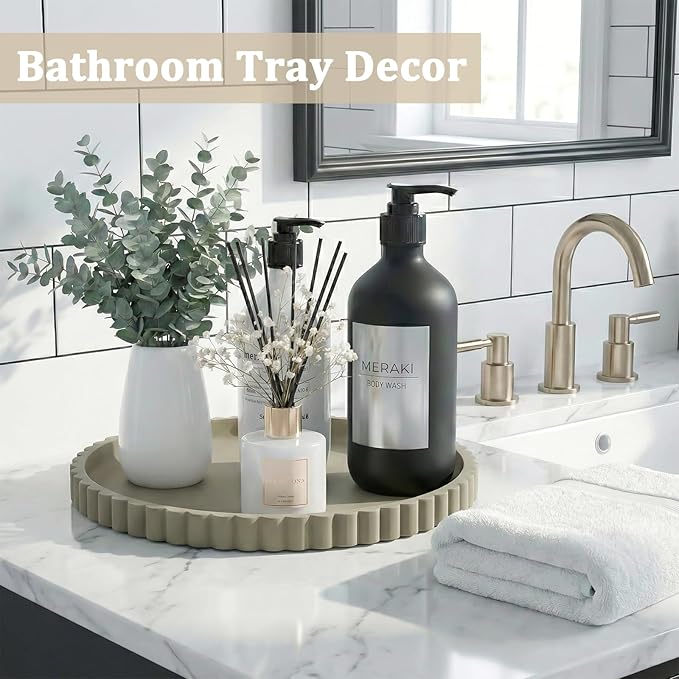 Silicone Bathroom Vanity Tray, Modern Round Decorative Tray for Countertop, Waterproof & Unbreakable Cosmetic Perfume Organizer, Extra-Thick & Sturdy, Easy to Clean Candle Tray (Khaki, 10 inch)