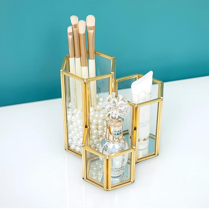 JIARI Glass Makeup Brush Holder, 3 Slots Gold Hexagon Cosmetics Organizer, Desktop Pen Pencil Pot for Office Home (Hexagon-3 Slot)