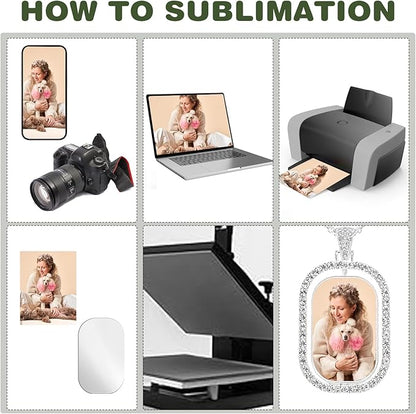 48 Pcs Sublimation Rhinestone Trays Pendant Set, Including 12 Double Sided Blank Rhinestone Bezel Trays, 12 Pcs Thick Chains with 24 Sublimation Discs for Making (Silver)