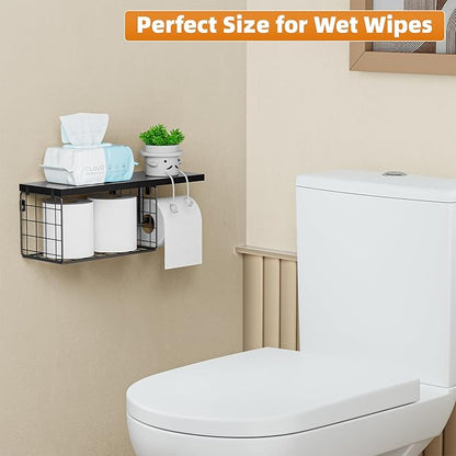 VITVITI Toilet Paper Holder with Shelf, Wall Mounted Toilet Paper Storage Basket, Wood Metal Toilet Roll and Wipes Holder for Bathroom Farmhouse (Black)