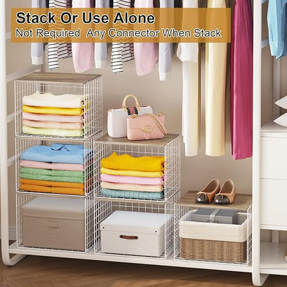Closet Organizers And Storage Shelf, 3Pack Stackable Closet Storage Bin Basket For Clothes Sweaters With Top Board, Widened Opening, Heightened Height, Large Capacity Sturdy Clothing Storage Organizer