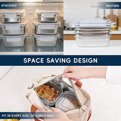 10PCS 304 Stainless Steel Food Storage Containers with Airtight Leakproof Lids, Stackable Bento Lunch Box for Meal Prep, Reusable Metal Containers, Oven/Dishwasher/Freezer Safe(31.5/21/14 Oz)