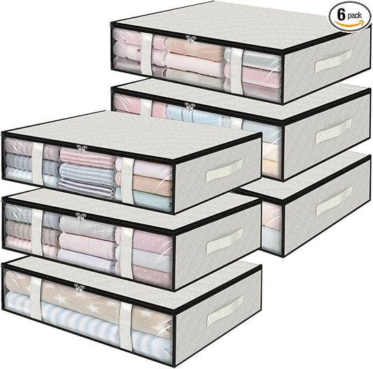 StorageRight Under Bed Storage Bags 6 Pack, 40L Large Clothes & Comforter Storage Containers with Clear Window, Breathable Fabric Organizer for Blankets, Bedding, Seasonal Clothing, White