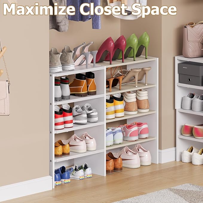 X-cosrack Long White 11.02″Shoe Rack for Closets, Stackable and Expandable Shoe Organizer, Suitable for Entryways, Garages, Storage Shelves Made of MDF, Oxford Cloth and Iron