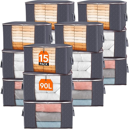Lifewit 15 Pack 90L Clothes Storage Bins with Lids, Foldable Blanket Storage Bags with Zippers, Clear Window and Reinforced Handles, Closet and Organization for Clothing, Sweater, Comforter, Bedding