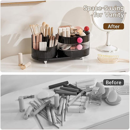 UFORU Makeup Organizer Countertop for Vanity with 360° Rotating Brush Holder, 3 Layer Cosmetic and Jewelry Storage, Makeup Display Case for Skincare&Perfume, Black