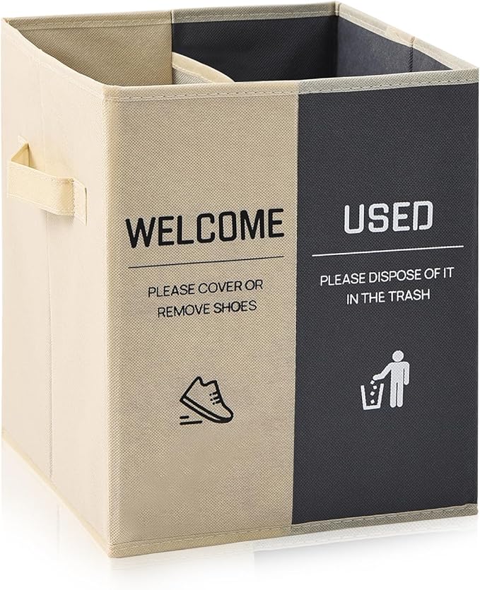 Foldable Shoe Cover Box Dispenser Storage Box Storage Bin Holder with Used Shoe Covers and Welcome Please or Remove Sign for Open House Supplies (Beige, Gray)