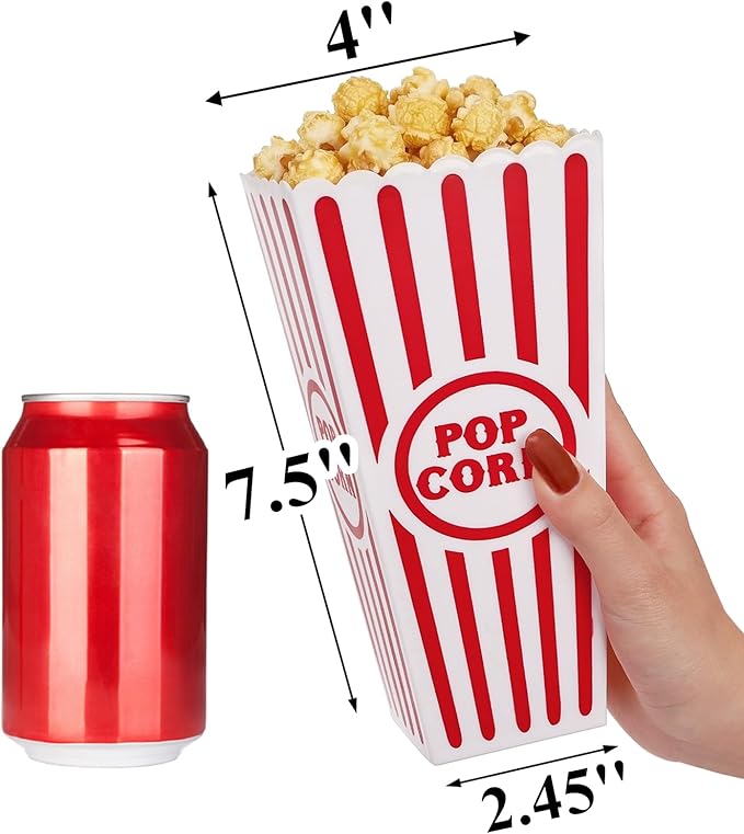 Tebery 20 Pack Plastic Popcorn Boxes Open-Top, Reusable Popcorn Bucket Container for Movie Night, Classic Red White Striped Party Snack Bowls for Party Favors, Birthday, Carnival, 7.5" x 4"
