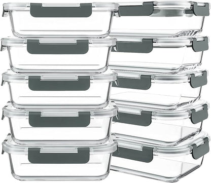 KOMUEE 10 Packs 30 oz Glass Meal Prep Containers,Glass Food Storage Containers with Lids,Airtight Lunch Bento Boxes,Microwave,Freezer and Dishwasher,Gray