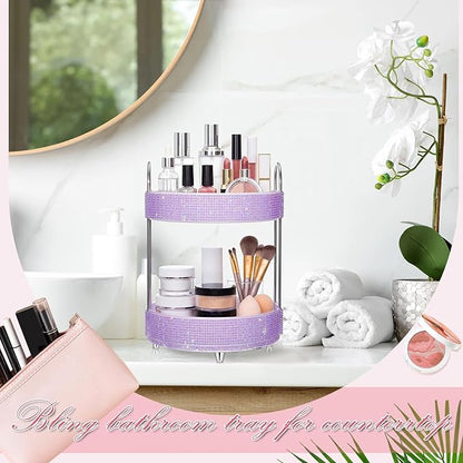 Honeydak 360 Rotating Perfume Organizer for Mother Day Nurse Day Rhinestone Bathroom Counter Organizer Makeup Holder Skincare and Perfume Storage for Cosmetic Countertop(2 Tiers,Resin Stone,Purple)