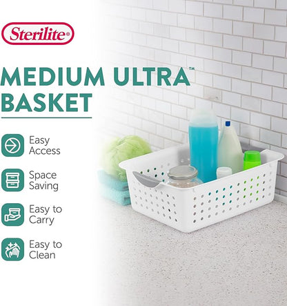 Sterilite 12-Pack Medium Ultra Basket, Open Top Plastic Storage Organizer, White - Classic Baskets for Organizing Countertops, Pantry Shelves, Kitchen Cabinets, Laundry Rooms or Home Offices