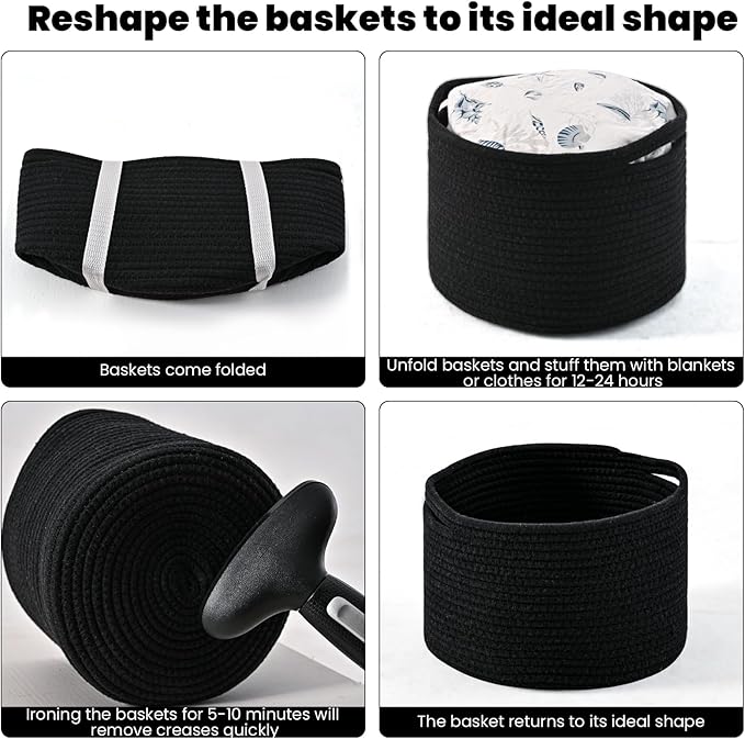 ICERZCZ Small Black Baskets for Organizing, Storage Baskets for Shelves, Small Woven Basket for Storage, Cute Basket for Gifts, Mini Cotton Rope Baskets, 9.7"×9.7"×7" (3 Packs) Black
