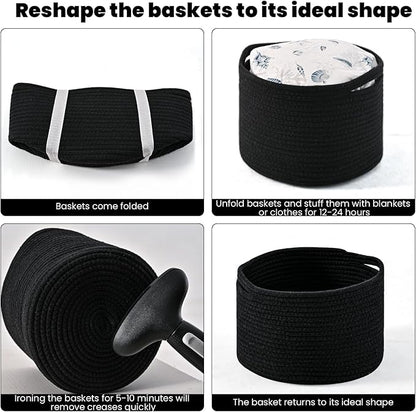 ICERZCZ Small Black Baskets for Organizing, Storage Baskets for Shelves, Small Woven Basket for Storage, Cute Basket for Gifts, Mini Cotton Rope Baskets, 9.7"×9.7"×7" (3 Packs) Black