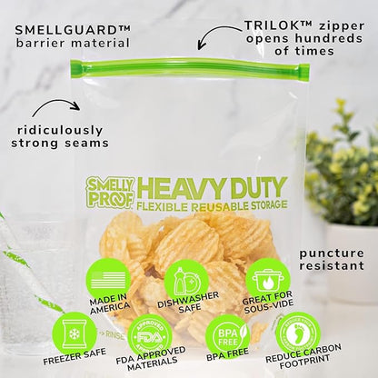 Smelly Proof BULK VALUE, 50-Pack HEAVY DUTY 5-mil Reusable Bags, Stand-Up, Expandable, Dishwasher-Safe, Odor-Proof, Durable Poly Nylon (Non-Silicone) US-Made 8.5" x 10" Quart 50pk