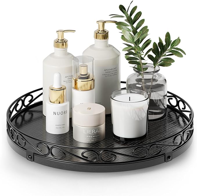 Yoobure 12" Lazy Susan Turntable for Cabinet - Farmhouse Wooden Round Tray for Table Top, 360° Rotating Lazy Susans Counter Organizer with Patterned Raised Edge for Kitchen Dining Table Decor, Black