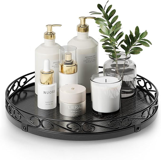 Yoobure 12" Lazy Susan Turntable for Cabinet - Farmhouse Wooden Round Tray for Table Top, 360° Rotating Lazy Susans Counter Organizer with Patterned Raised Edge for Kitchen Dining Table Decor, Black