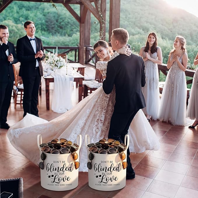 Yungyan 2 Pcs White Wedding Baskets 12 Inch Felt Sunglasses Storage Baskets with "Don't Be Blinded by Our Love" Slogan, Multipurpose Decoration for Weddings Picnics Parties Garden Gifts