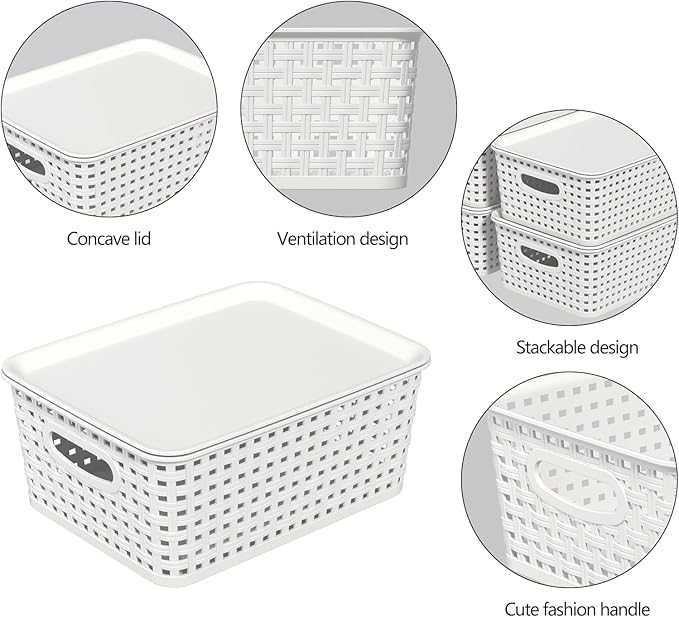 6 Pack Plastic Stackable Storage Baskets with Lids, White Breathable Storage Containers Bins for Organizing Desktop Closet Playroom Classroom Office