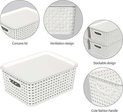 6 Pack Plastic Stackable Storage Baskets with Lids, White Breathable Storage Containers Bins for Organizing Desktop Closet Playroom Classroom Office