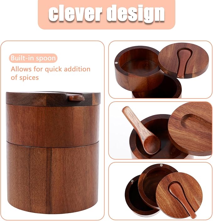 Acacia Wood Salt Cellar, 2 Layers Salt Container with Lid and Spoon, Wood Salt or Spice Box with Swivel Cover for Keeping Table Salt, Herbs or Favorite Seasonings (2 set)