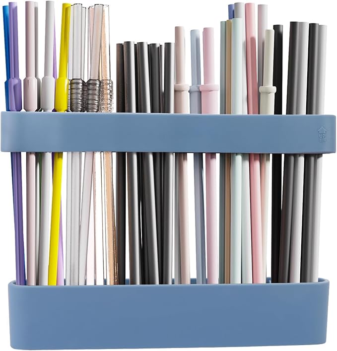 Strong Adhesive Backing Straw Storage Box, Split Type Silicone Straws Dispenser Adjustable Height Straw Holder for Cabinet (Blue)