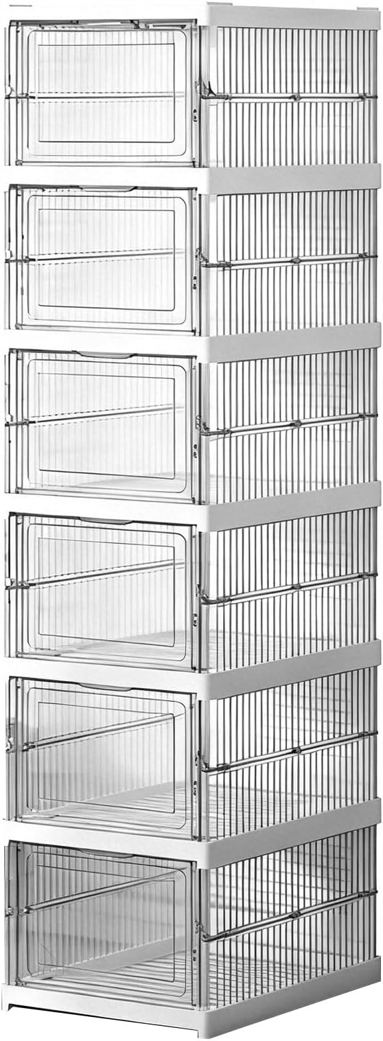 Cocoarm Clear Shoe Storage Box, Stackable Plastic Organizer, Quick Fold Design for Sneakers and Boots, Holds Size 12 for Closet or Entryway (6 Layers 10.04x13.58x41.34in)