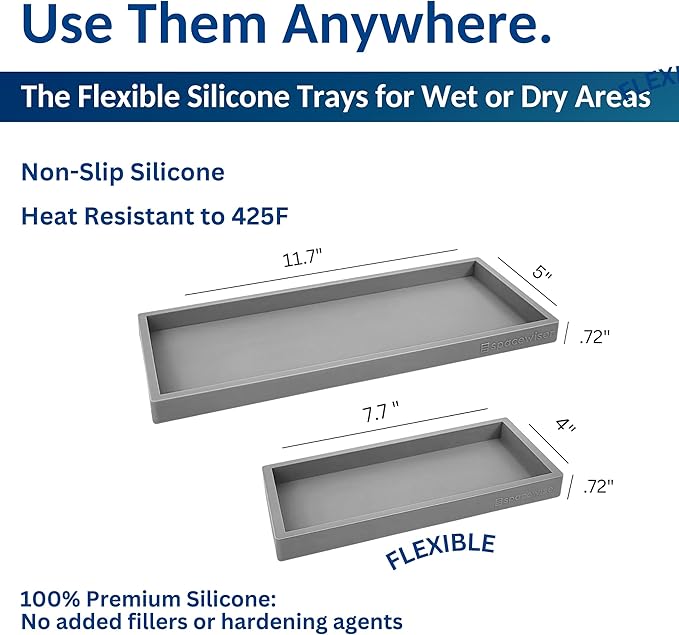 Spacewiser Countertop and Vanity Tray - 2 PC (11” and 7”) Shatterproof Silicone Kitchen and Bathroom Trays for Counter, Kitchen Soap Dispenser Tray, Vanity Trays for Bathroom, Perfume Key Tray