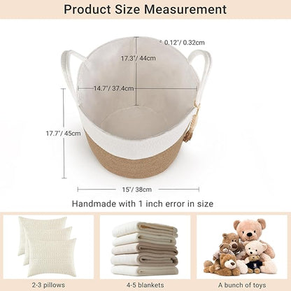 Mkono Woven Storage Basket Decorative Rope Basket Wooden Bead Decoration for Blankets,Toys,Clothes,Shoes,Plant Organizer Bin with Handles Living Room Home Decor, 15"Wx17.7"L,White and Yellow