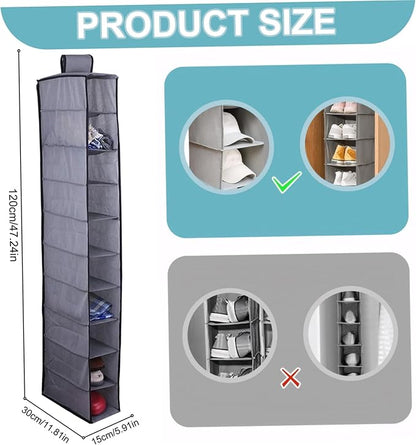 Hanging Shoe Organizer 10 Section Grey Nonwovens Hanging Shoe Rack Burly and Handy, Easy Fold Closet Shoe Organizer for Organizing Bedrooms, Closets, Laundry Room, Play Room