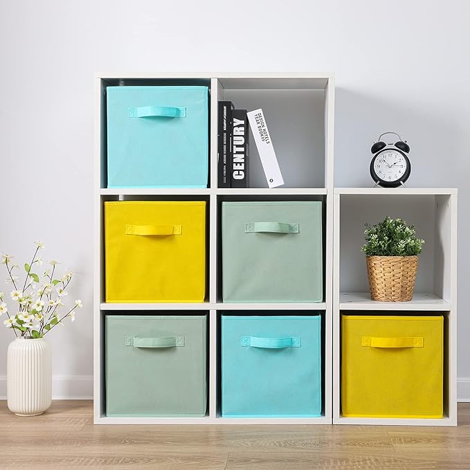 Stero Fabric Storage Bins 6 Pack Fun Colored Durable Storage Cubes with Fabric Handles Foldable Cube Baskets for Home, Kids Room, Closet and Toys Organization Cyan, Green, Yellow