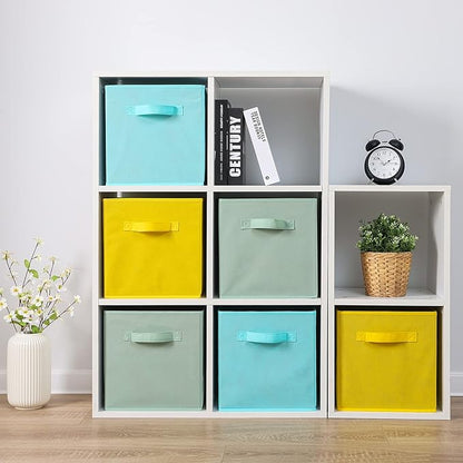 Stero Fabric Storage Bins 6 Pack Fun Colored Durable Storage Cubes with Fabric Handles Foldable Cube Baskets for Home, Kids Room, Closet and Toys Organization Cyan, Green, Yellow