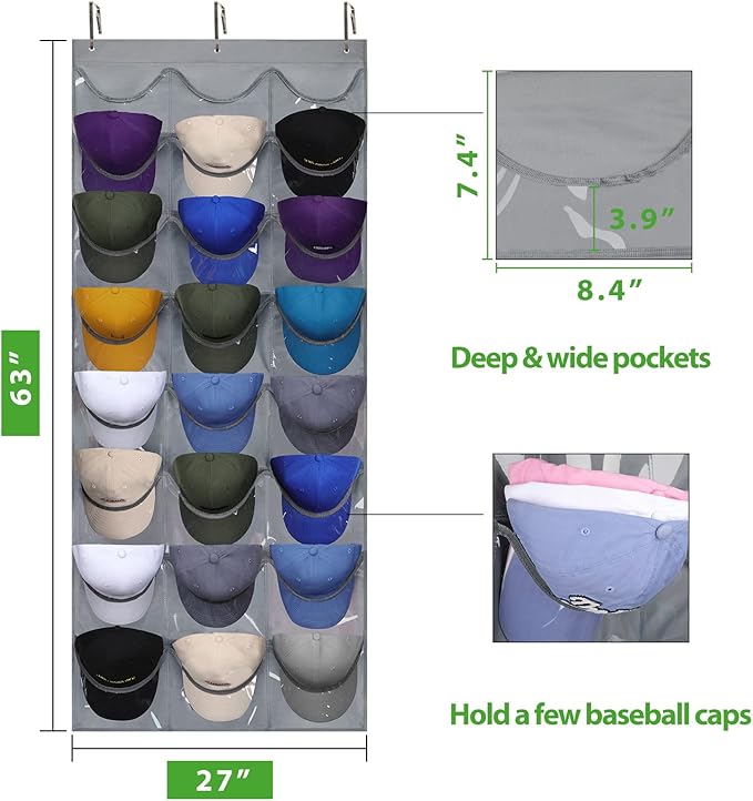 Dofilachy Hat Rack - Hat Organizer - Hat Racks for Baseball Caps, Visible Hat Holder - Baseball Rack for Wall Door with 3 Hooks, 24 Deep Pockets
