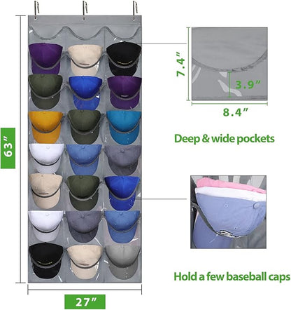 Dofilachy Hat Rack - Hat Organizer - Hat Racks for Baseball Caps, Visible Hat Holder - Baseball Rack for Wall Door with 3 Hooks, 24 Deep Pockets
