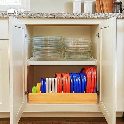 Bamboo Lid Organizer, Plastic Lid Organizer Cabinet, Food Container Lid with 5 Adjustable Dividers for Kitchen Drawer