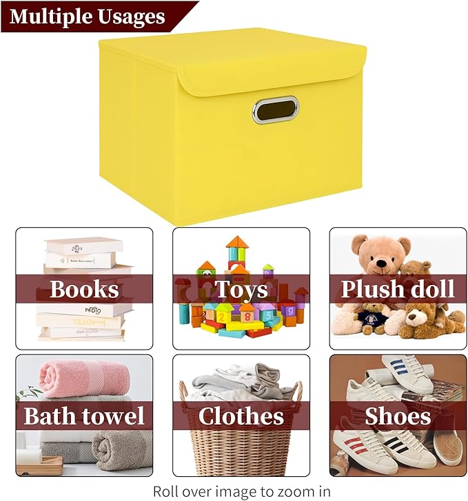 STOREONE Fabric Storage Cube Bins Foldable Organizer Container Collapsible Basket with Lids and Metal Handles, for Home, Bedroom, Closet 6 Pcs (multicolour-yellow)