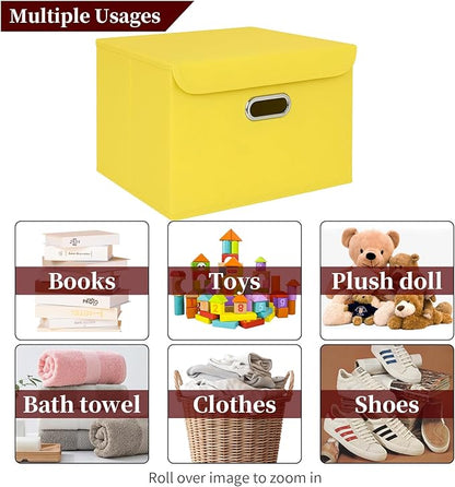 STOREONE Fabric Storage Cube Bins Foldable Organizer Container Collapsible Basket with Lids and Metal Handles, for Home, Bedroom, Closet 6 Pcs (multicolour-yellow)