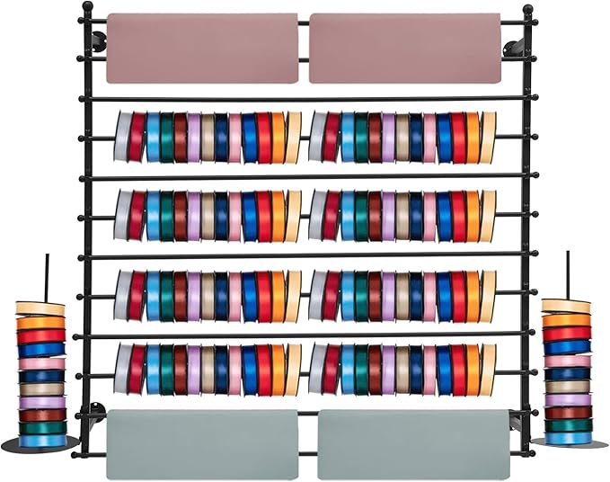Ribbon Storage Organizer, Wall Mounted Ribbon Organizer, 12-Tier Metal Gift Wrapping Paper Rack, Spool Tie Scarf Hijab Belt Towel Hanger, for Home, Craft Room, Flower Shop, Black, 47.2in Wide