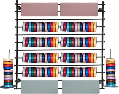Ribbon Storage Organizer, Wall Mounted Ribbon Organizer, 12-Tier Metal Gift Wrapping Paper Rack, Spool Tie Scarf Hijab Belt Towel Hanger, for Home, Craft Room, Flower Shop, Black, 47.2in Wide