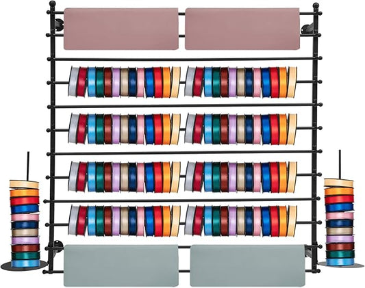 Ribbon Storage Organizer, Wall Mounted Ribbon Organizer, 12-Tier Metal Gift Wrapping Paper Rack, Spool Tie Scarf Hijab Belt Towel Hanger, for Home, Craft Room, Flower Shop, Black, 47.2in Wide