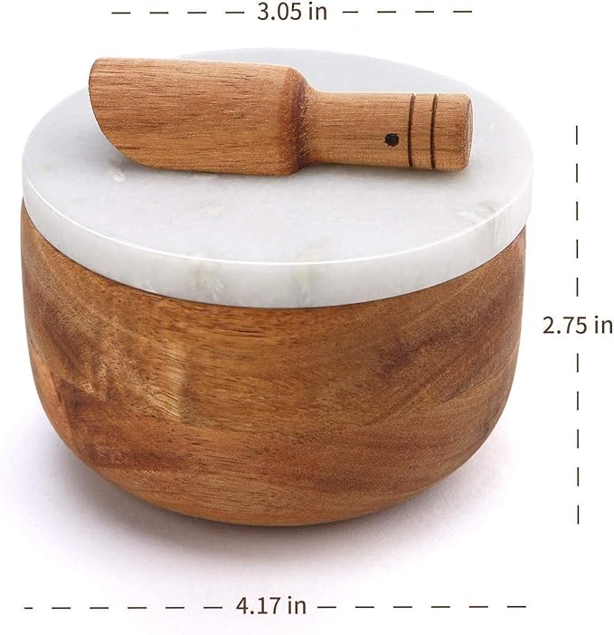 Large Acacia Wood Seasonings Condiments Pinch Bowl Spice and Spoon Salt Cellar Box Storage Jar White Marble Lid