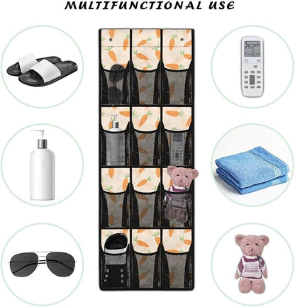 12-Pocket Waterproof Oxford Cloth Storage Hanging Bag Behind The Door, Foldable Large Capacity Organizer for Bathroom Closet Bedroom and Pantry Door, Easter Carrot