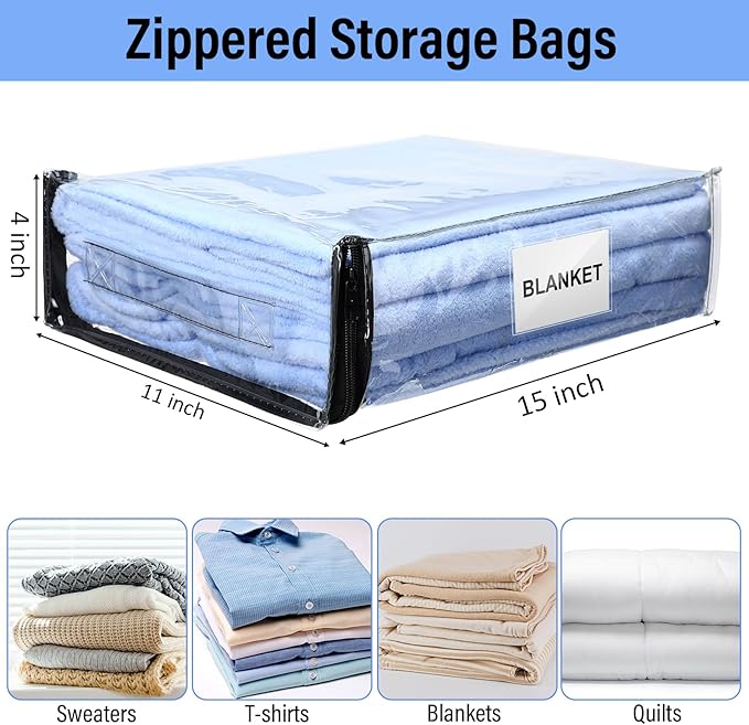 Kenning 20 Pcs Clear Zippered Storage Bags for Sheet Plastic Sweater Bag with Handle and Label Pocket Vinyl Stackable Closet Organizer Moving Bag for Bed Blanket Clothes Pillow(Black,11 x 15 x 4 Inch)