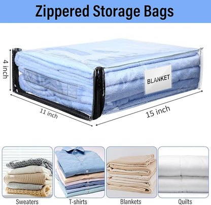 Kenning 20 Pcs Clear Zippered Storage Bags for Sheet Plastic Sweater Bag with Handle and Label Pocket Vinyl Stackable Closet Organizer Moving Bag for Bed Blanket Clothes Pillow(Black,11 x 15 x 4 Inch)