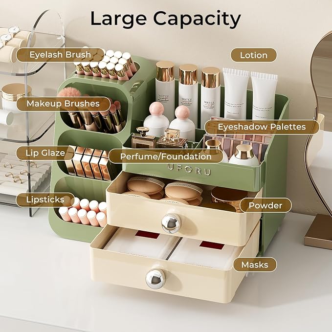Makeup Organizer for Vanity with Brush Holder, Large Capacity Bathroom Countertop Skincare Organizer with 2 Drawers, Cosmetic Display Case for Perfumes, Eyeshadow Palettes, Nail Polishes