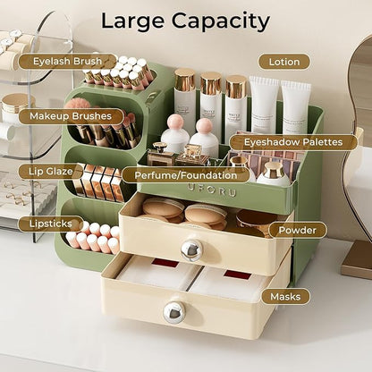 Makeup Organizer for Vanity with Brush Holder, Large Capacity Bathroom Countertop Skincare Organizer with 2 Drawers, Cosmetic Display Case for Perfumes, Eyeshadow Palettes, Nail Polishes